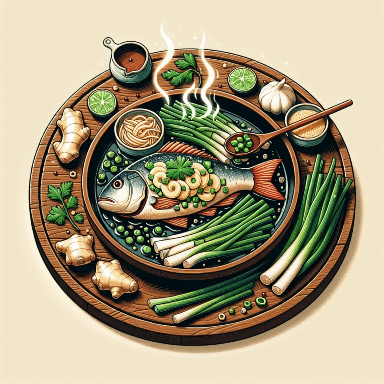 Gastronomía China: Pescado al vapor con jengibre y cebolla verde.